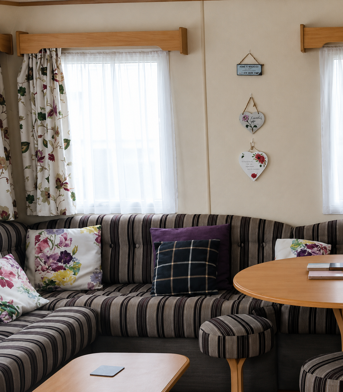 Lounge seating area inside holiday caravan C23