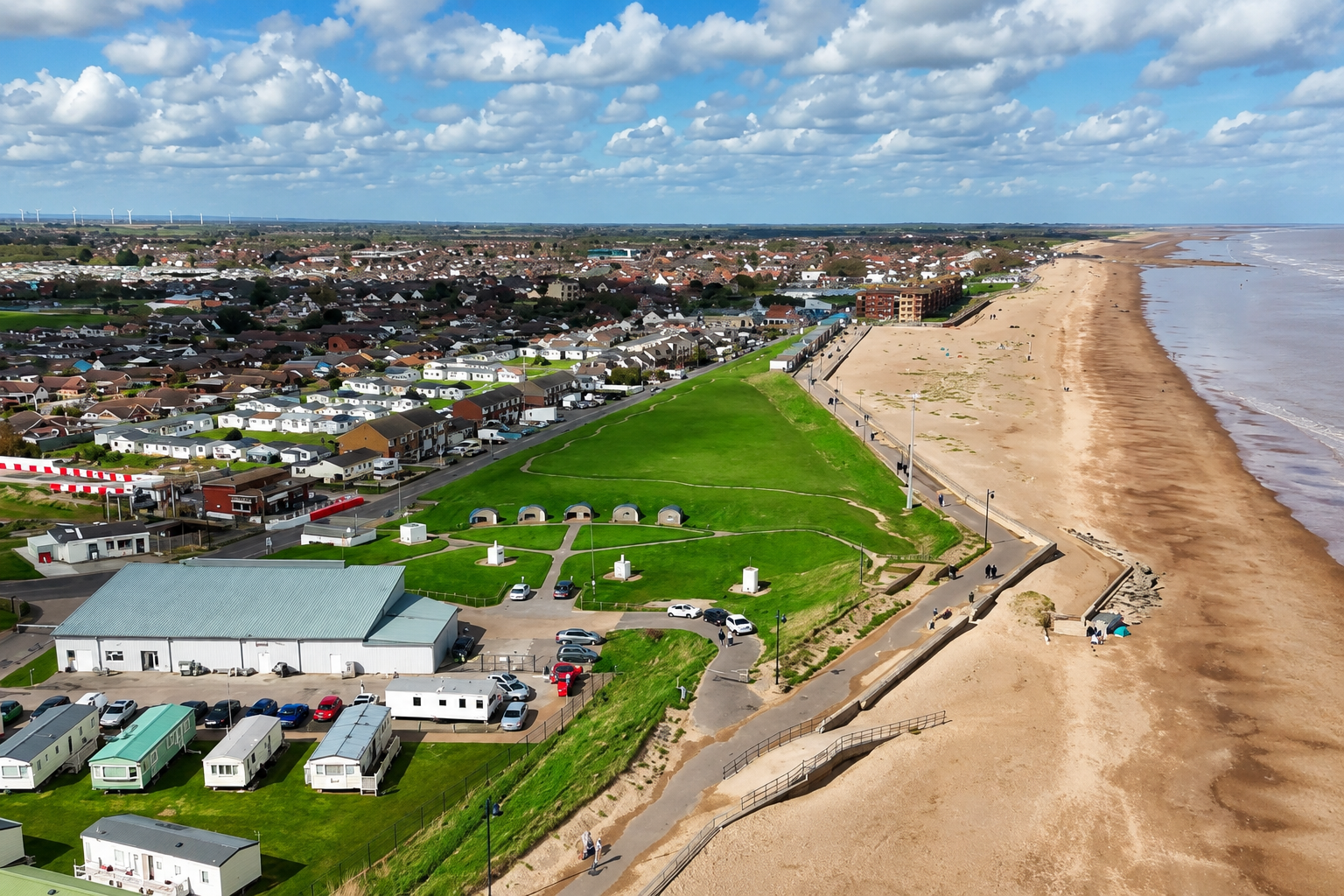 Aerial view of the holiday park beside the sandy beach at Mablethorpe