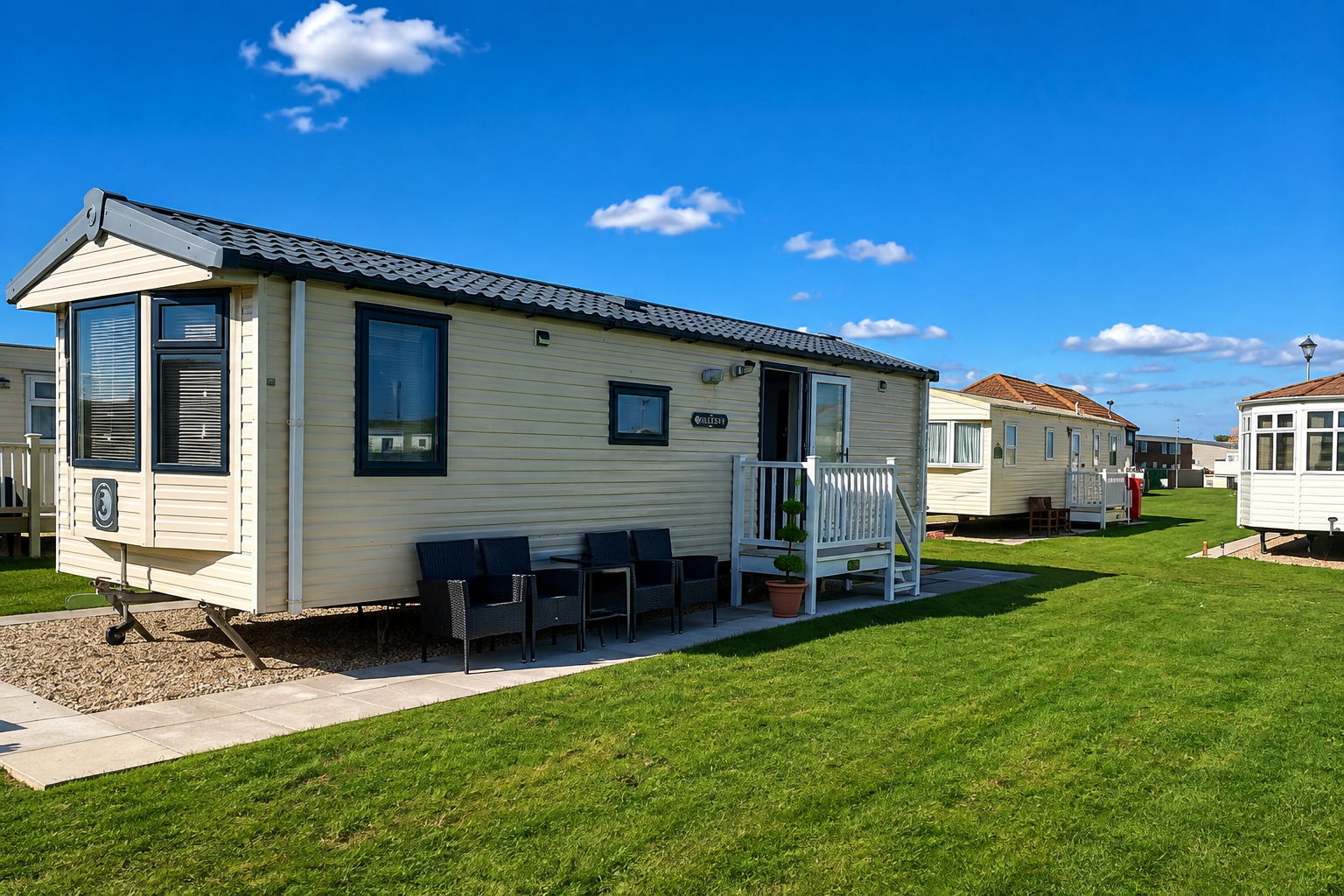 Wider exterior view of holiday home Number 40 at Trusville Holiday Homes